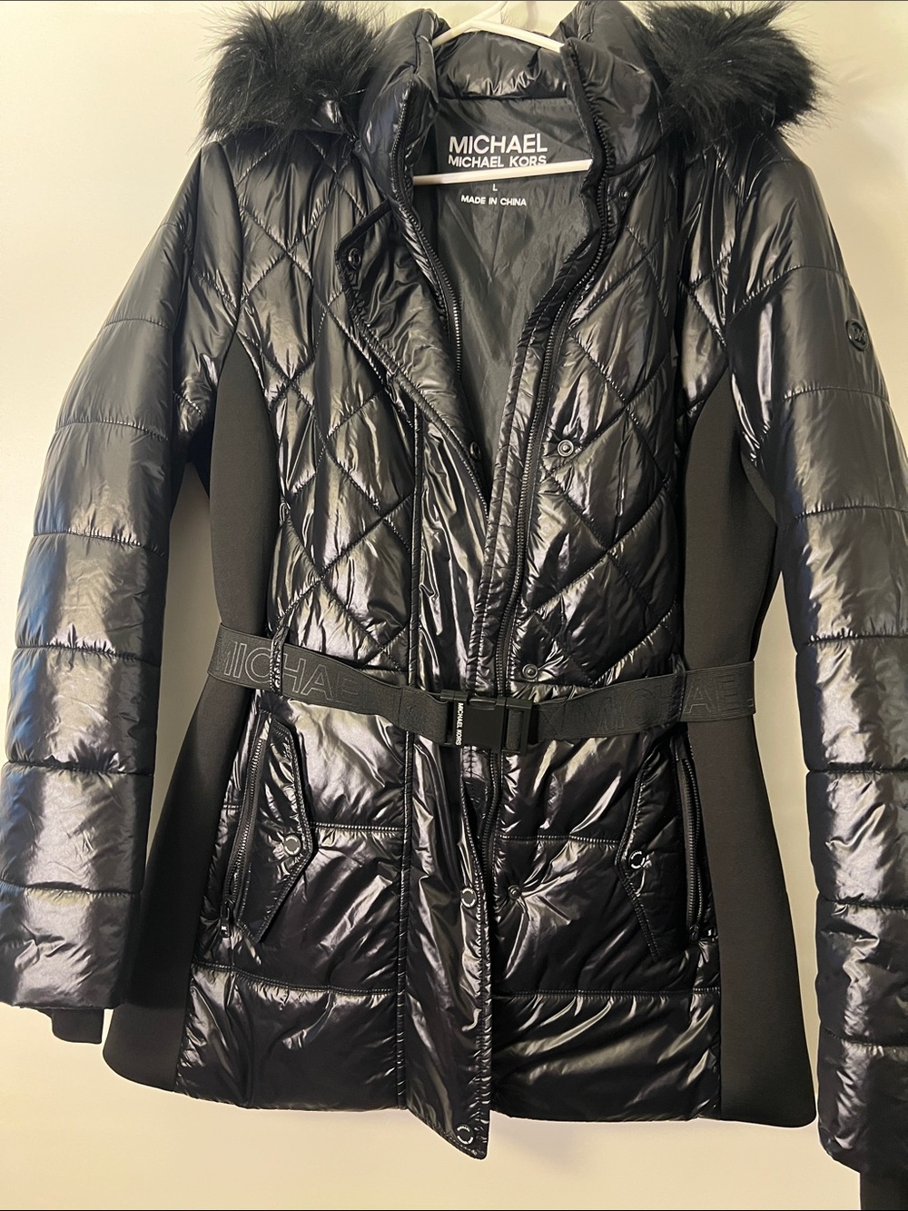 MICHAEL Michael Kors Black Quilted Belted Hooded Puffer Coat